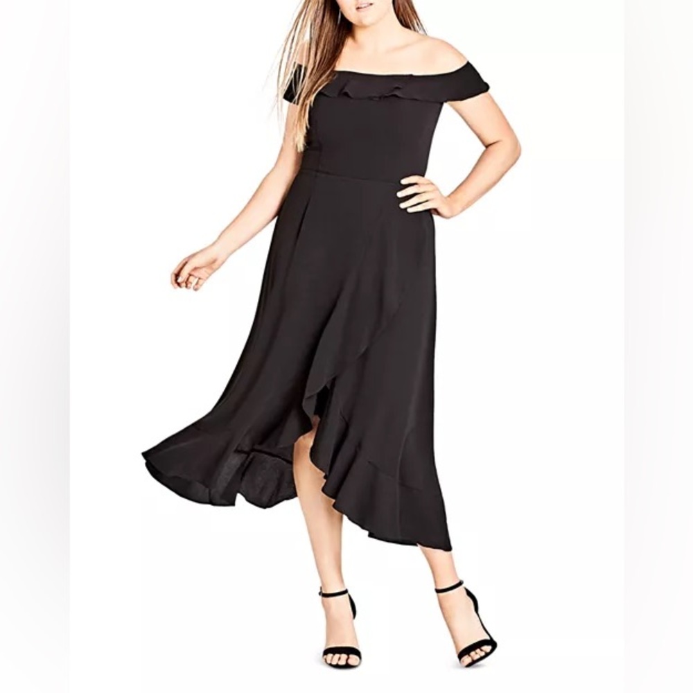 City Chic Plus Ruffle Off the Shoulder Dress Black Women Size 18/M NWT
